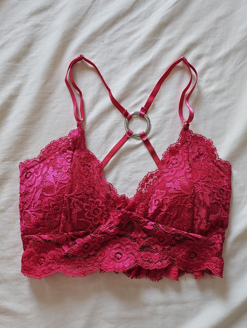 Rare JSG Gyaru Hot Pink Lace Raceback Bralette Top With Silver Rhinestone O Ring